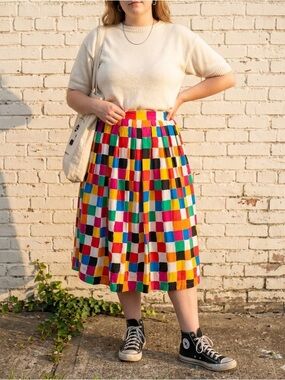 Vintage 90s Silk Midi Skirt Colorblock Abstract Print High Waist 1X XL